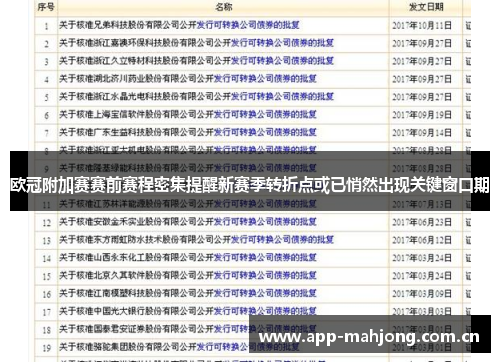 欧冠附加赛赛前赛程密集提醒新赛季转折点或已悄然出现关键窗口期